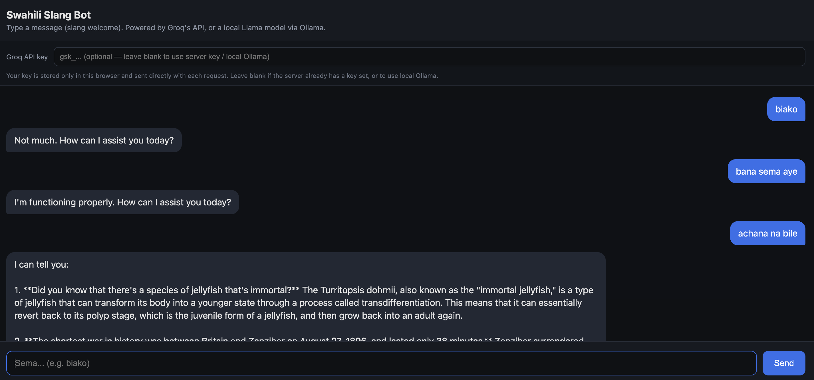 Swahili Slang Conversational Bot Screenshot